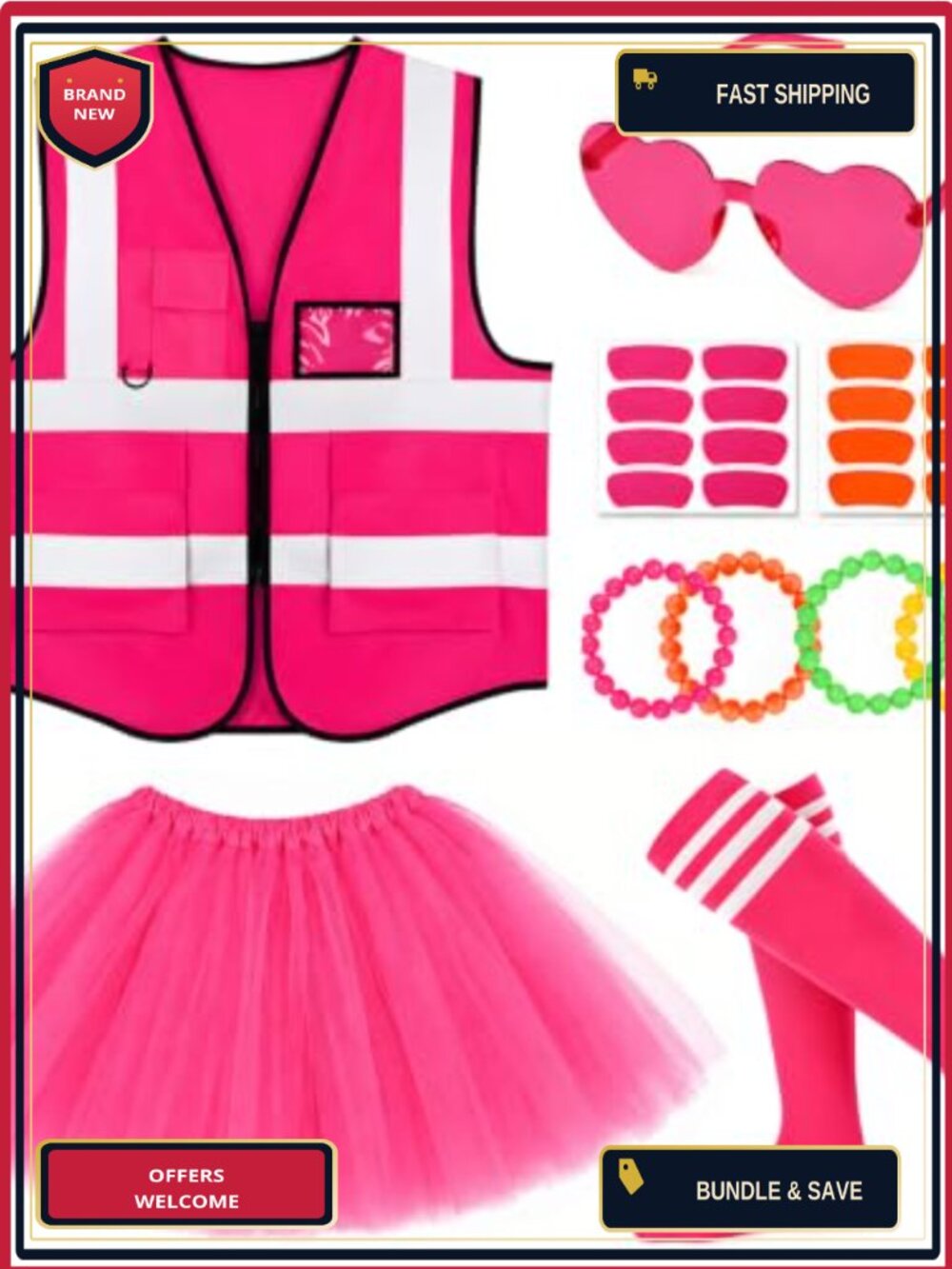 Neon Outfit Football Game Costume Reflective Vest Tutu Socks Glasses